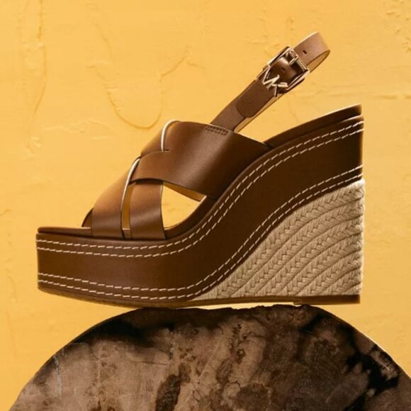 NWT Michael Kors Nora Wedge Leather Sandals 7 MSRP $150 Luggage - Picture 1 of 5